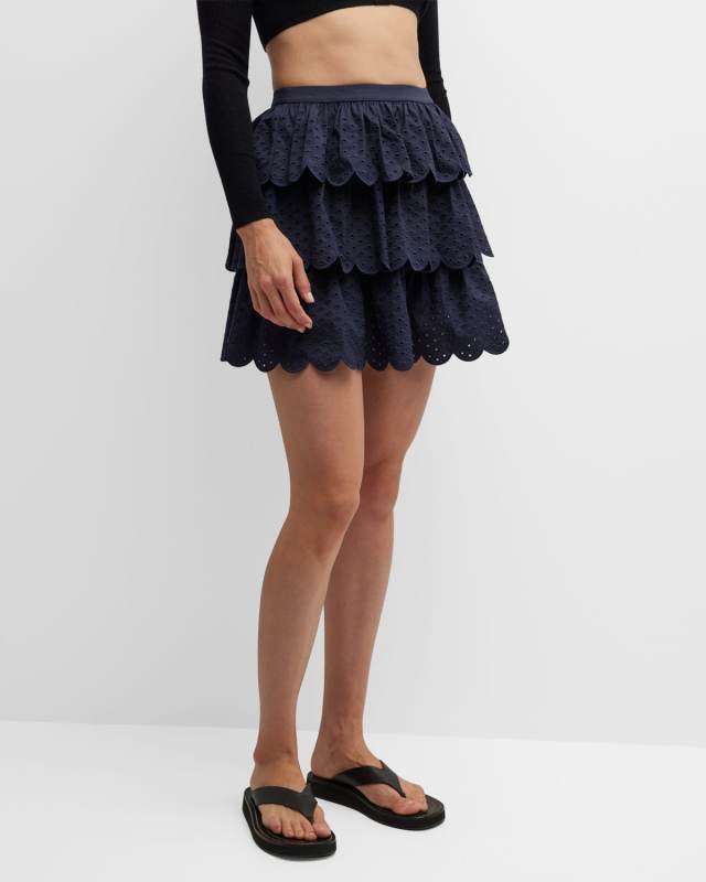 Scalloped Tiered Eyelet Mini Skirt